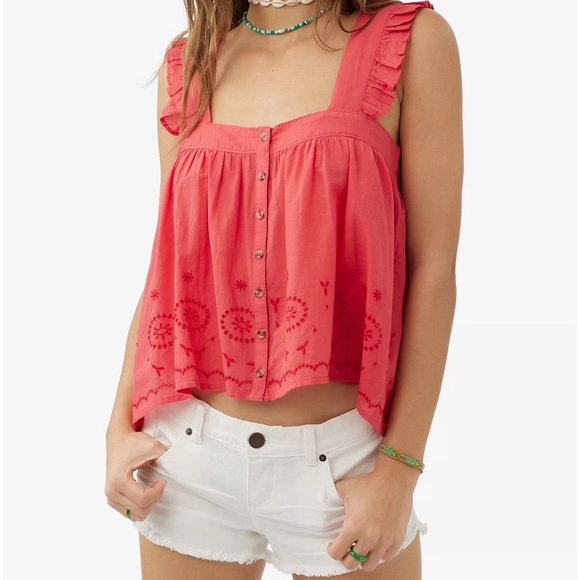 O’Neill Lexie Ruffle Strap Button Front Cotton Tank - Picture 9 of 14